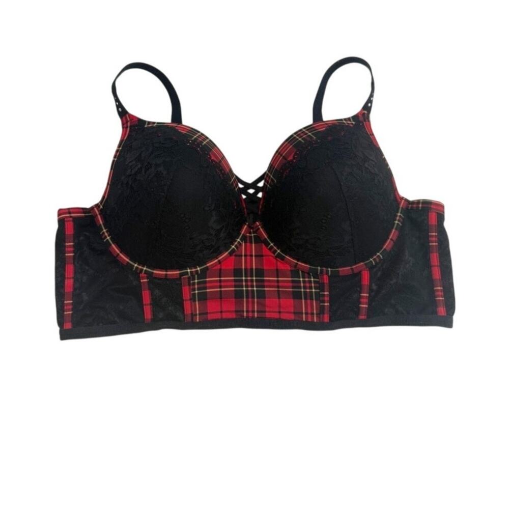 Torrid 44D XO Plunge lattice push up corset plaid check bra BC 2944